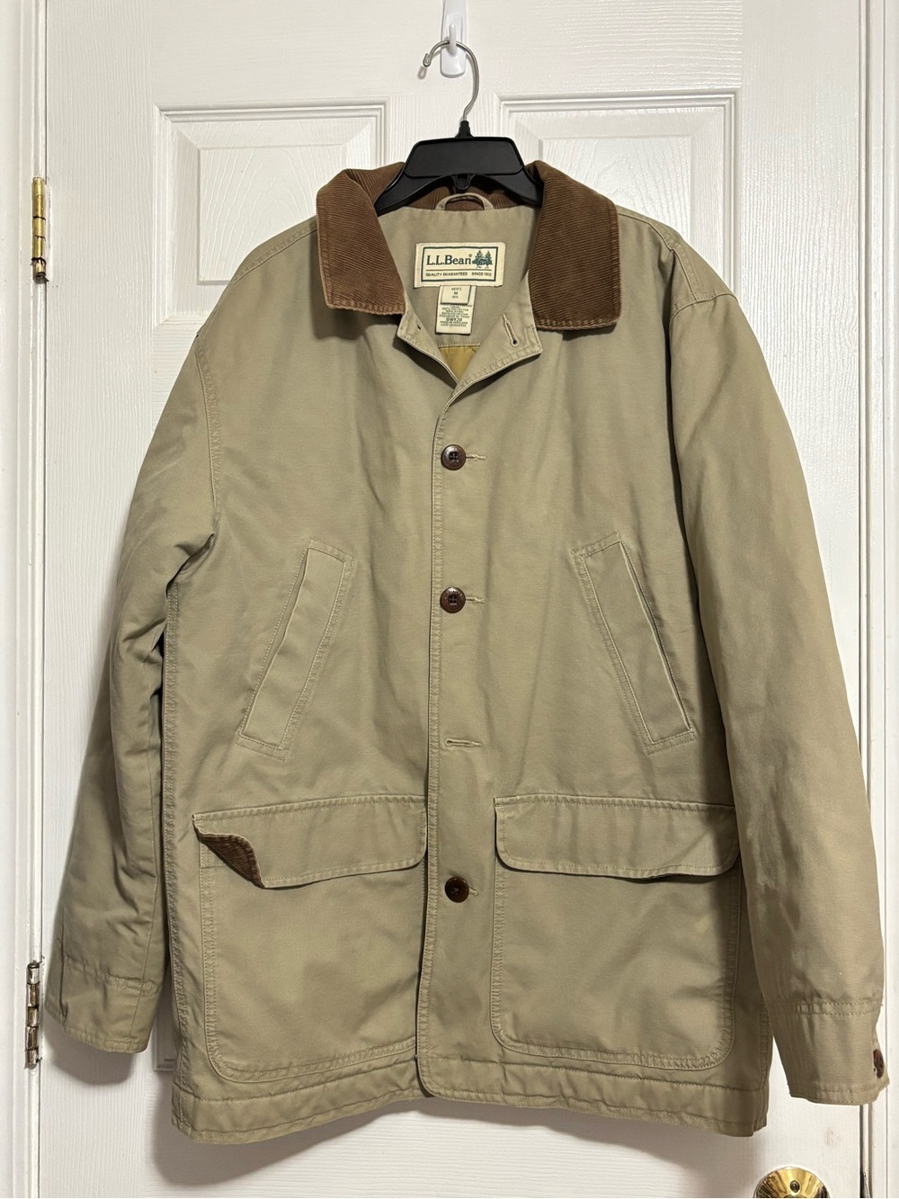 L.L. Bean Men's Khaki Jacket with Brown Corduroy Collar Sz M Missing Button VGC